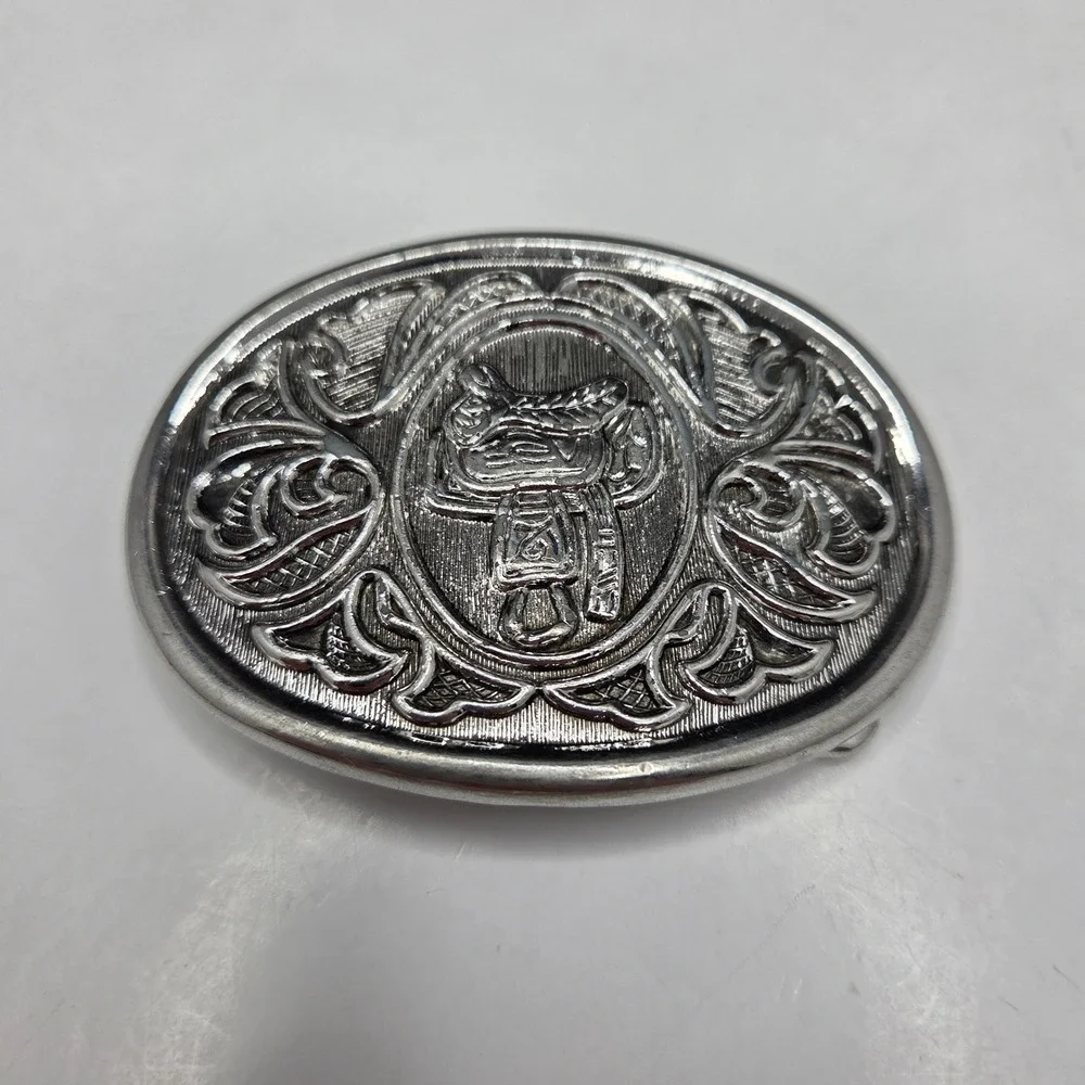 Avon Belt Buckle Vintage Western Horse Saddle Silver Tone Oval Scrollwork G7/67